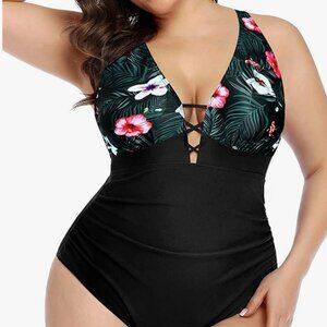 Yonique. Plus size 18. 1- piece tummy control. Floral/Black. Lace up v-neck.